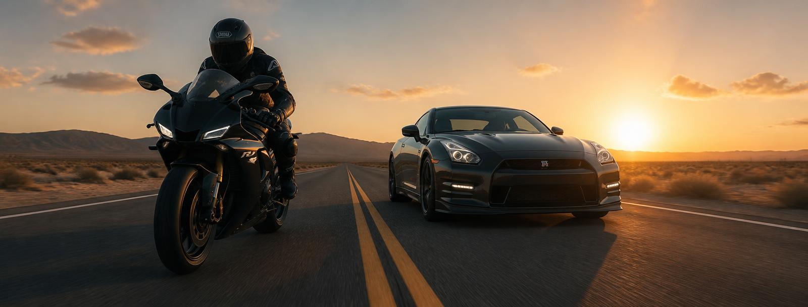 Motorcycle and car sharing a highway at dusk